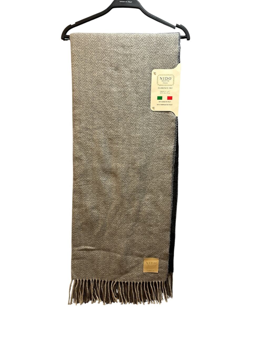 Nido Notte Italia throw blanket gray and cream herringbone pattern with fringe